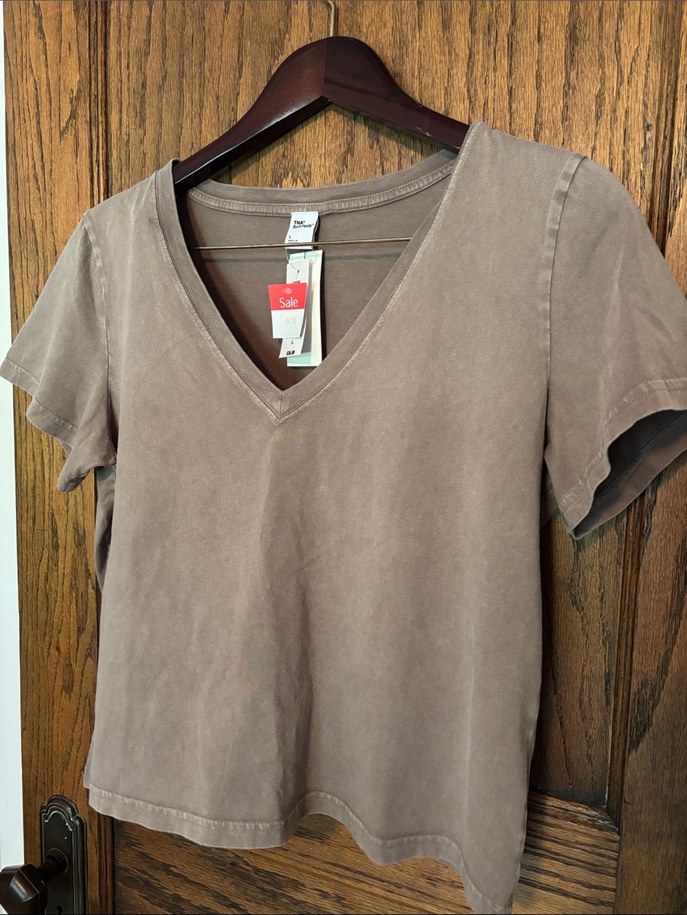TNA Aritzia Washed V-Neck Short Sleeve Top in Taupe